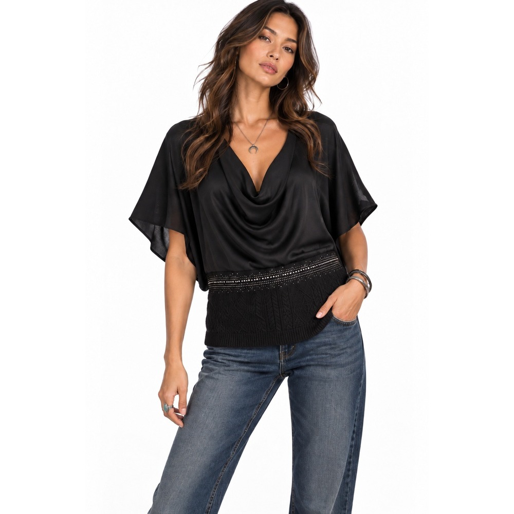 Diane von Furstenberg Black Silk Blouson Medium Cowl Neck Studded Cable Knit Top